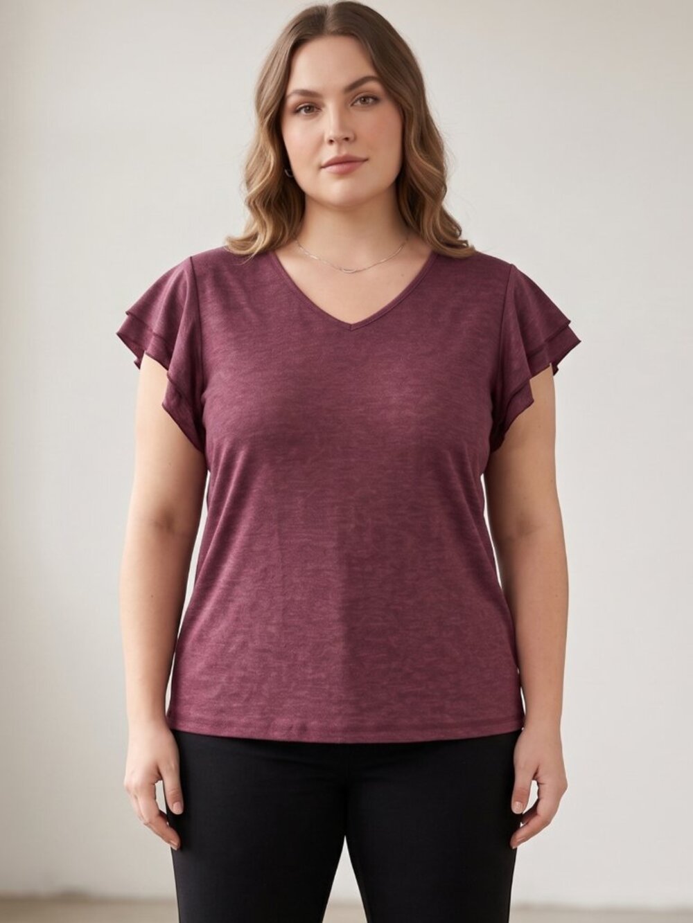 NWT | Automet Wine Red V-Neck Top | Tiered Ruffle Sleeves | Size Large
